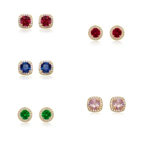 14k Gold Micropave Border with Color CZ Center Stud Earrings