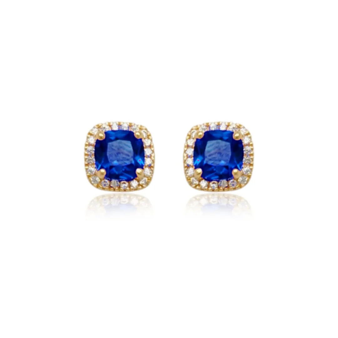 14k Gold Micropave Border with Color CZ Center Stud Earrings