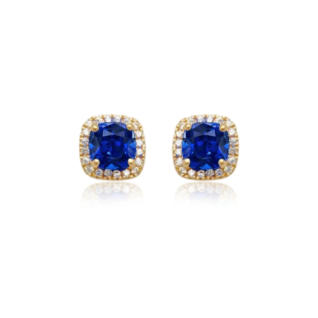 14k Gold Micropave Border with Color CZ Center Stud Earrings