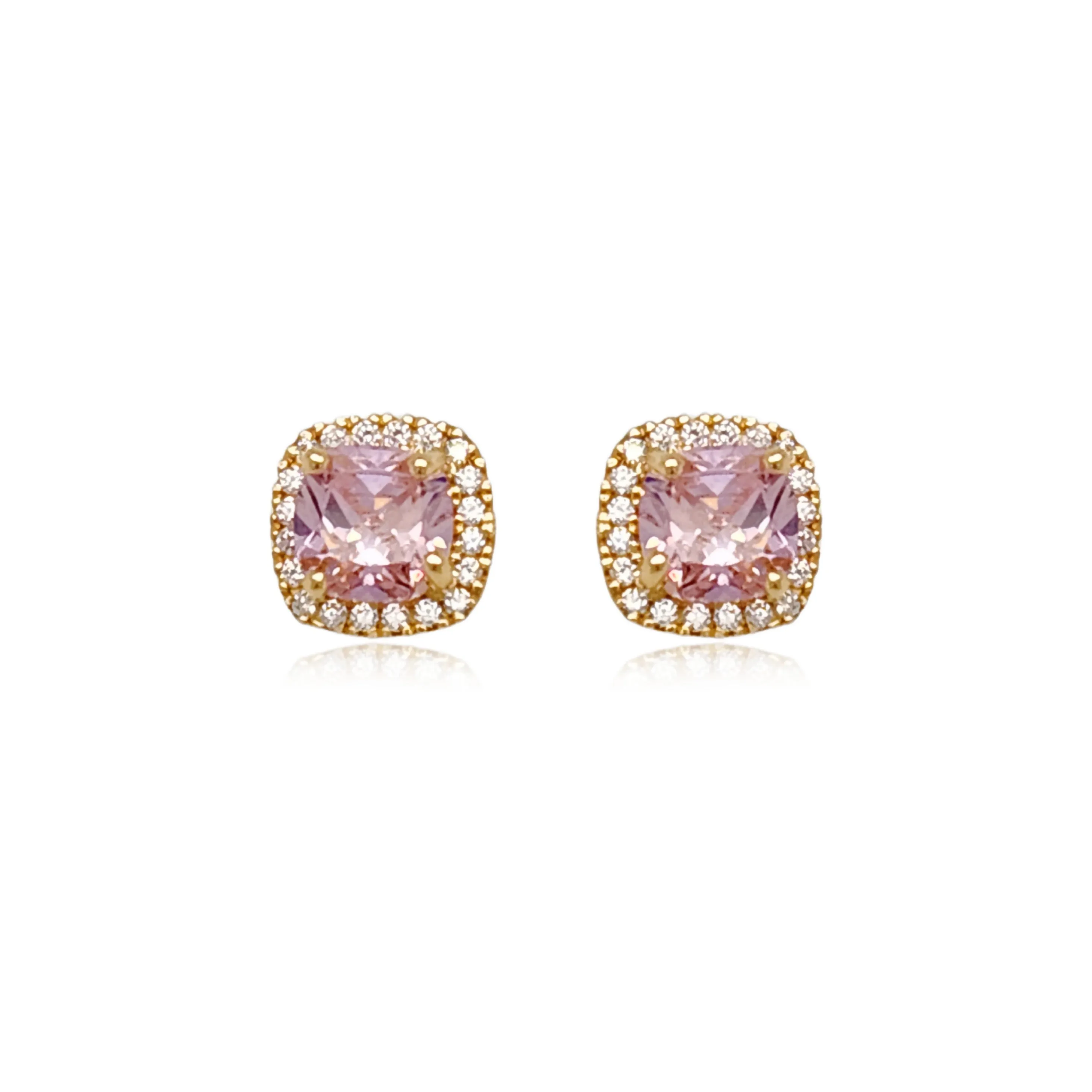 14k Gold Micropave Border with Color CZ Center Stud Earrings