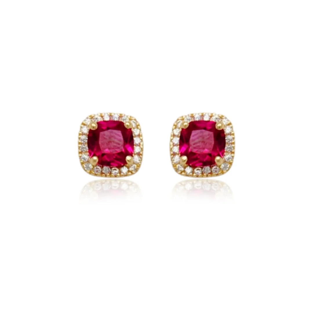 14k Gold Micropave Border with Color CZ Center Stud Earrings