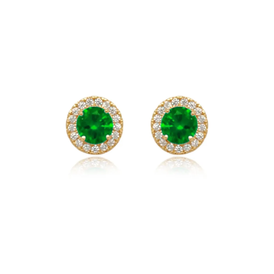 14k Gold Micropave Border with Color CZ Center Stud Earrings