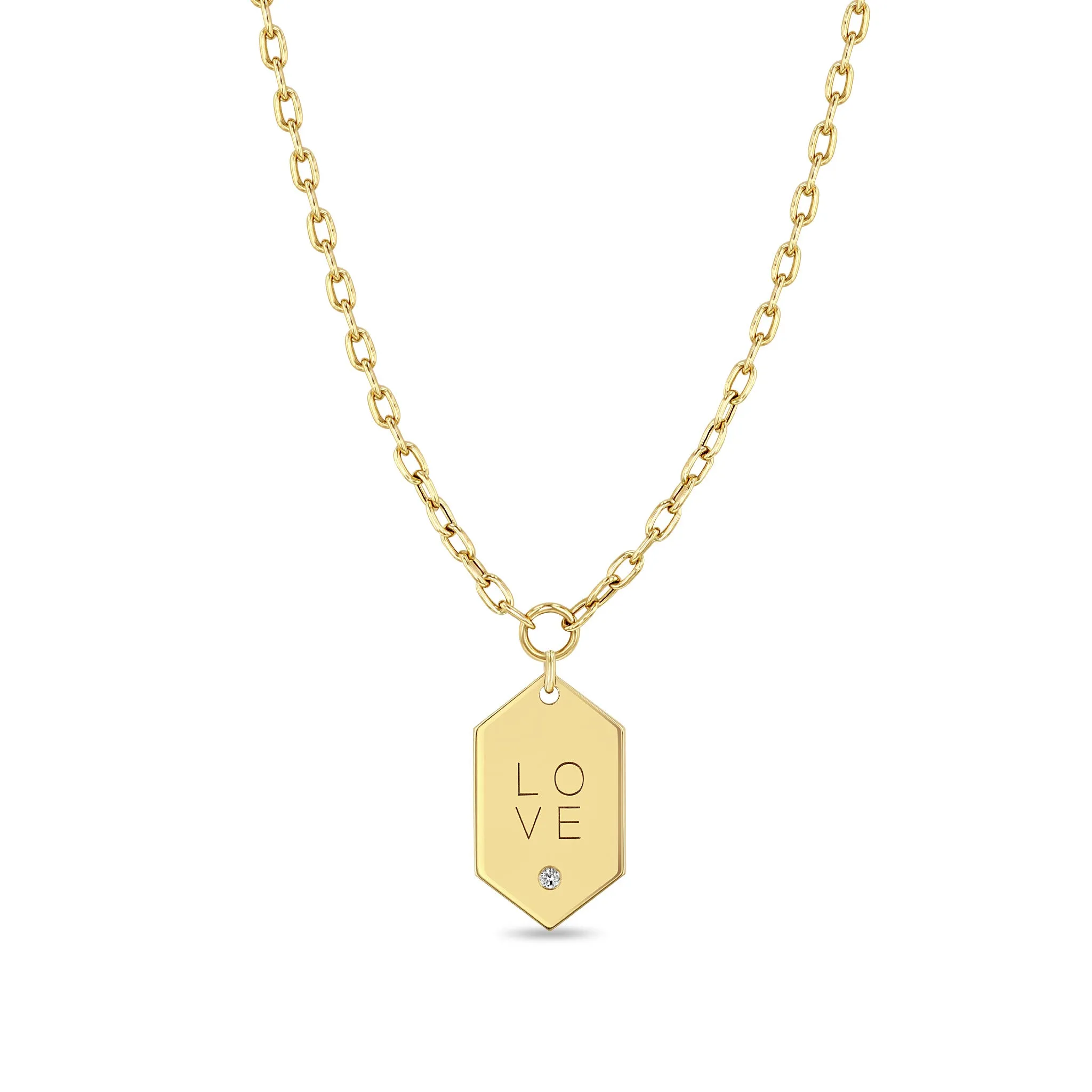 14k Small Love Elongated Hexagon Pendant on Small Square Oval Chain