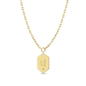 14k Small Love Elongated Hexagon Pendant on Small Square Oval Chain