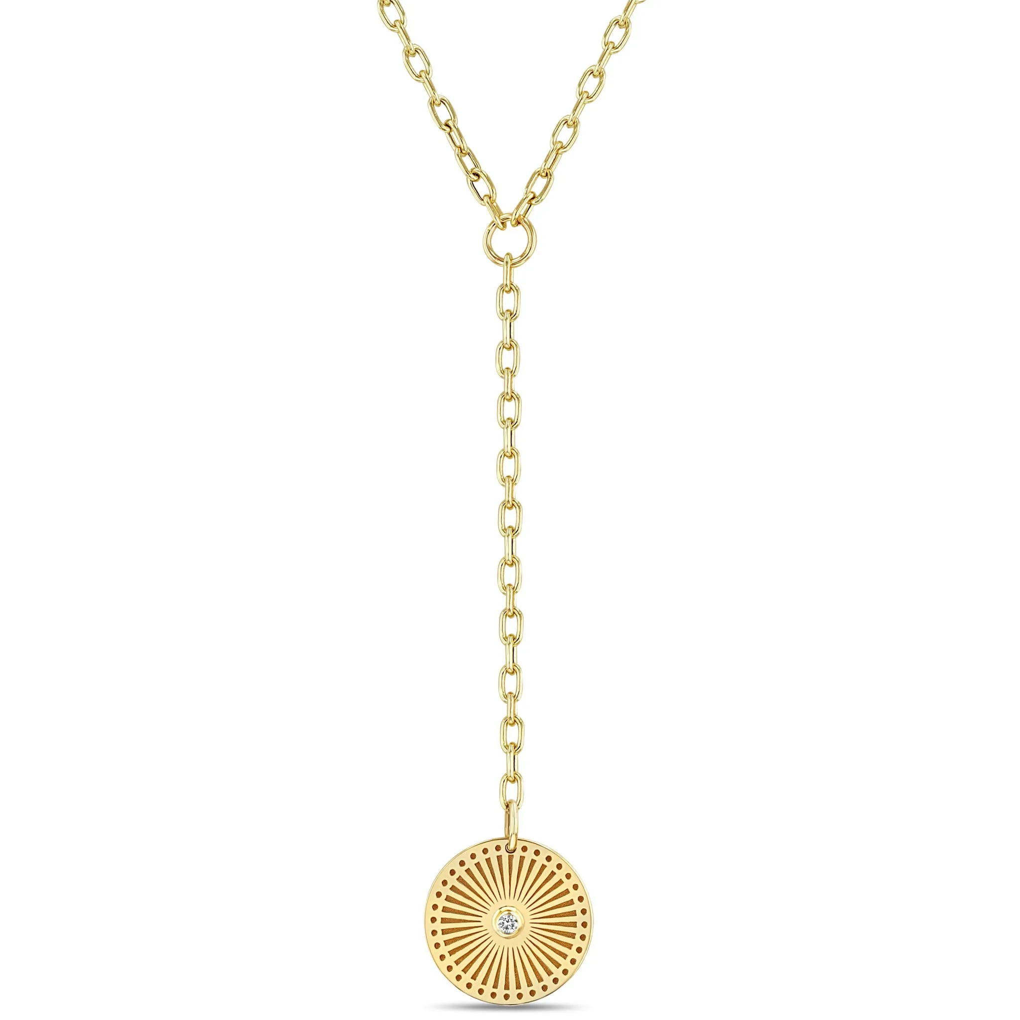 14k Small Sunbeam Medallion on Small Square Oval Chain Lariat Necklace