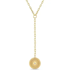 14k Small Sunbeam Medallion on Small Square Oval Chain Lariat Necklace