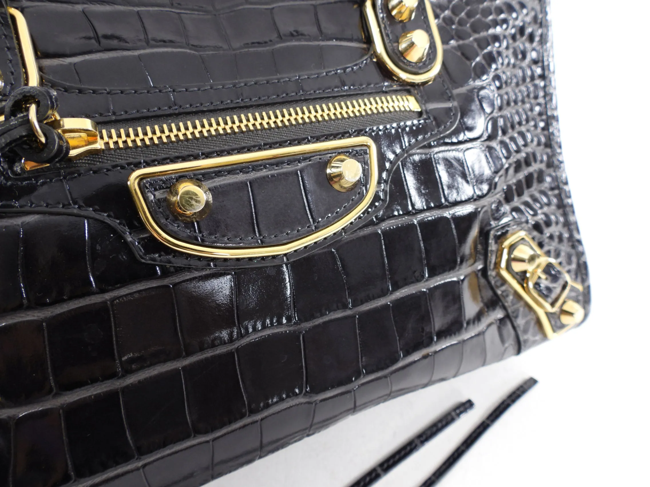 Balenciaga Dark Grey Croc Embossed Small Metallic Edge City Bag