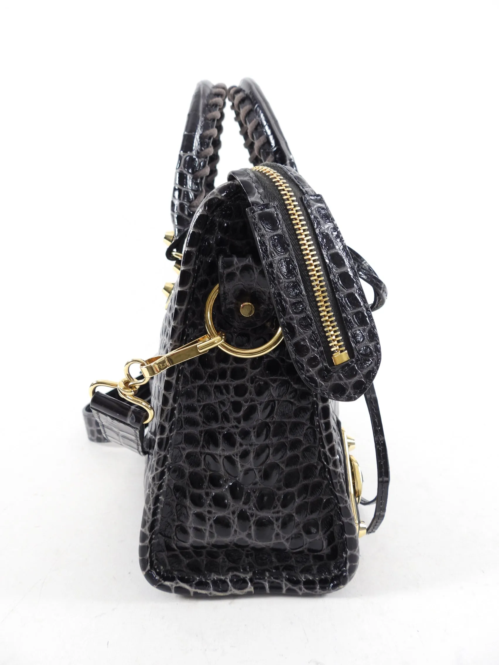 Balenciaga Dark Grey Croc Embossed Small Metallic Edge City Bag