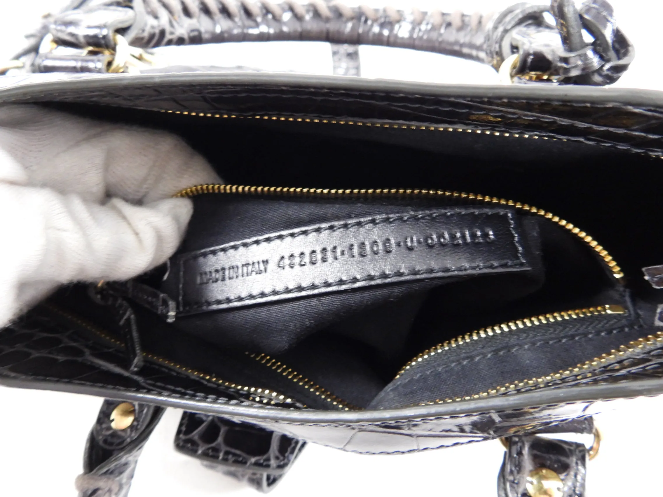 Balenciaga Dark Grey Croc Embossed Small Metallic Edge City Bag