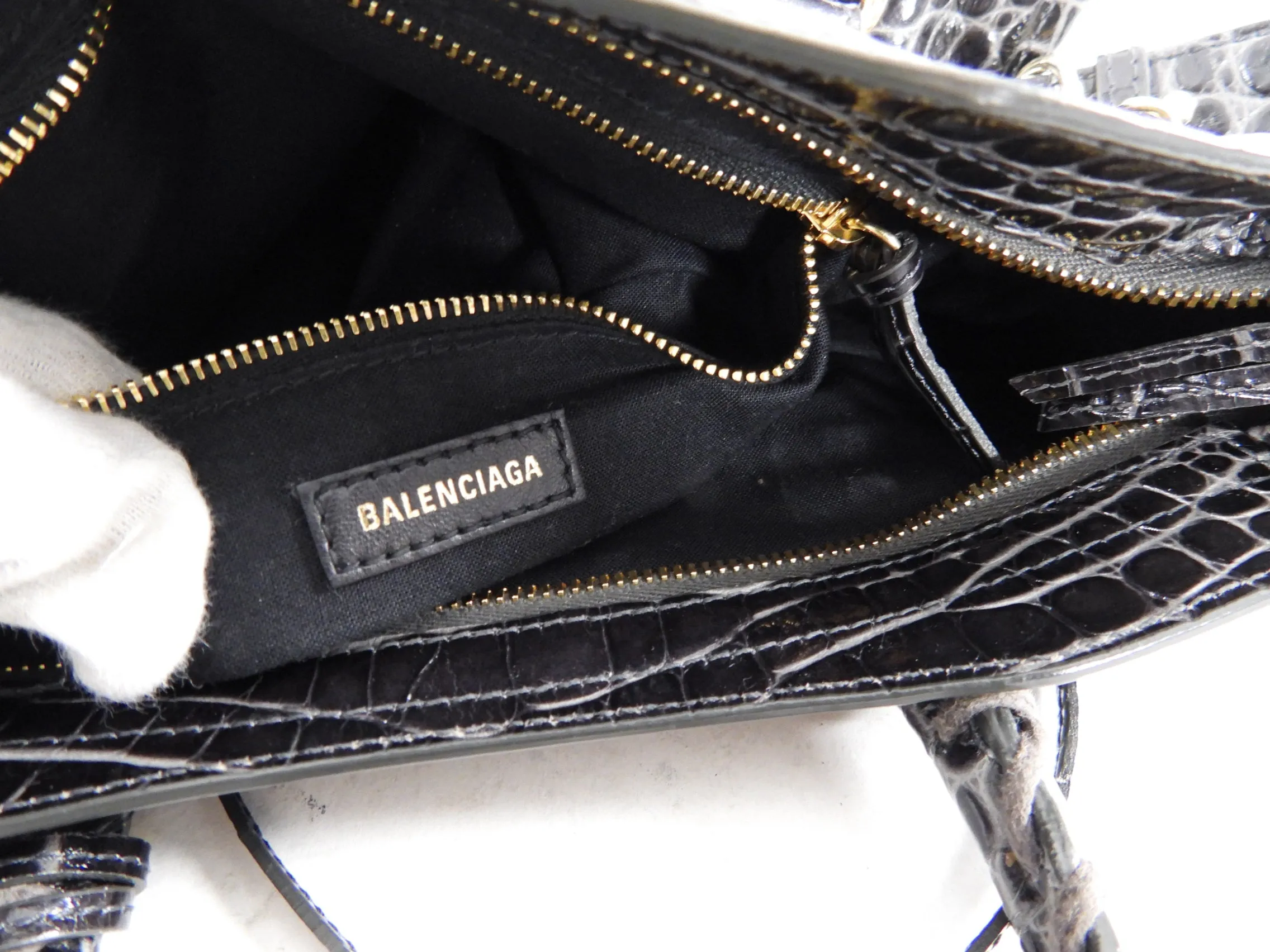 Balenciaga Dark Grey Croc Embossed Small Metallic Edge City Bag