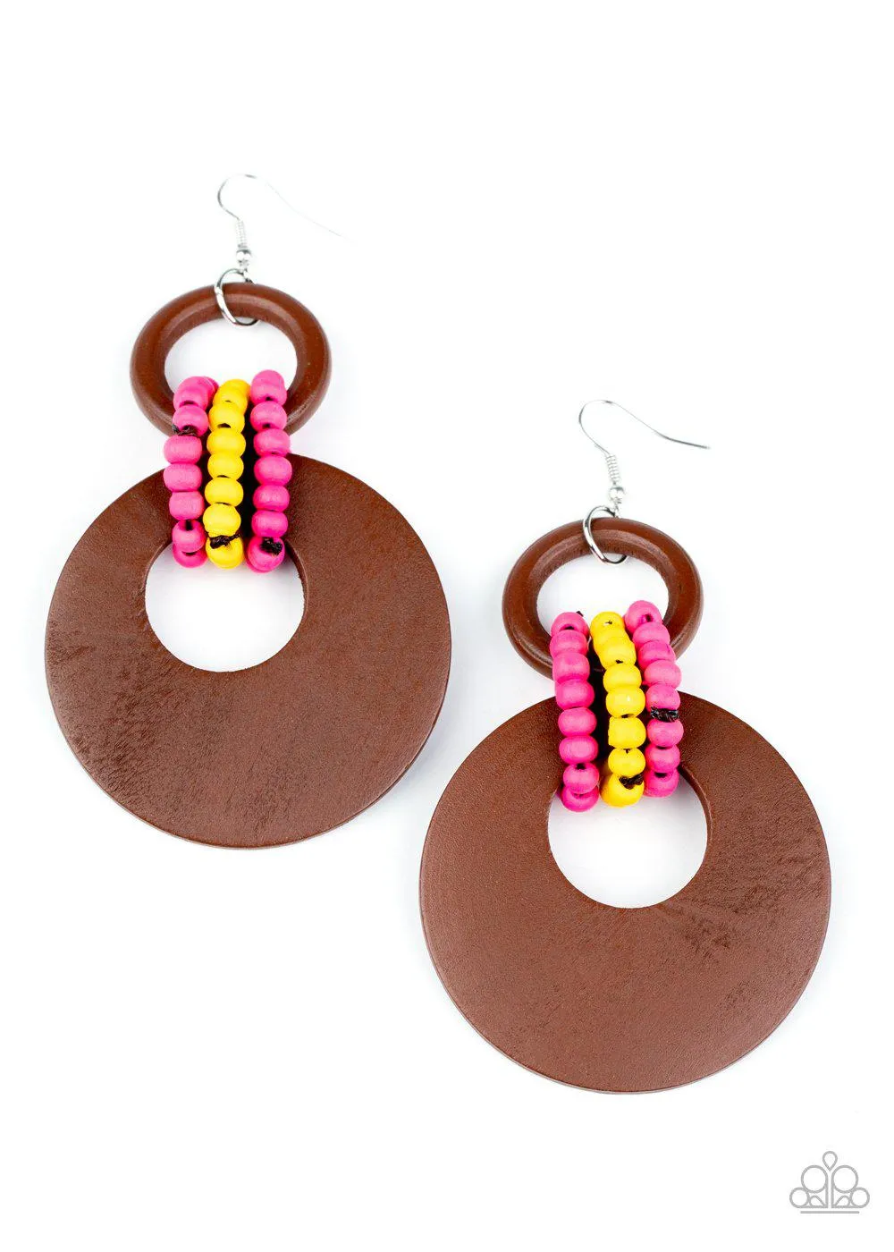 Beach Day Drama Multi - Pink, Yellow and Brown Wood Earrings - Paparazzi Accessories