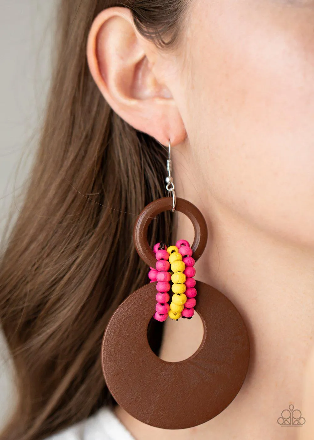 Beach Day Drama Multi - Pink, Yellow and Brown Wood Earrings - Paparazzi Accessories