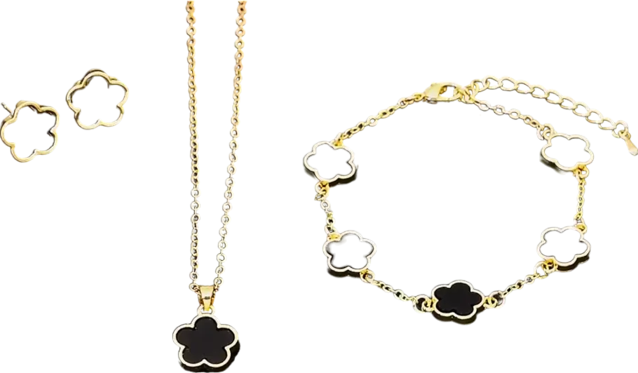 Black /gold 3 Piece Clover Bracelet/necklace/earrings Set One Size