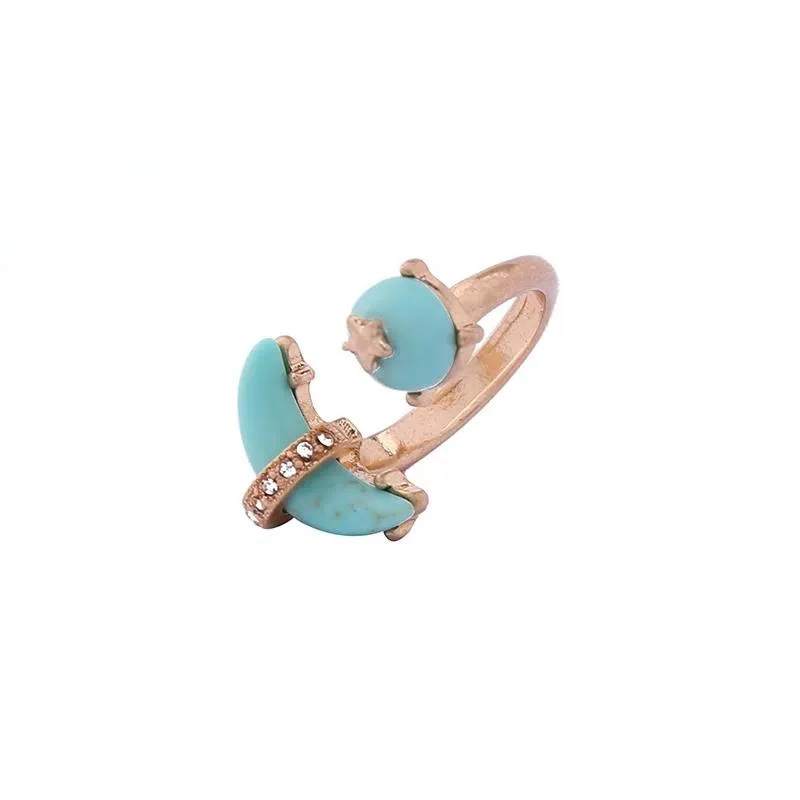 Blue Stone Crescent Star Women's Golden Open Ring