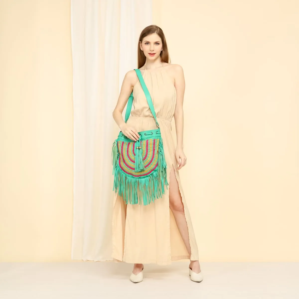 Boho Turquoise Woven Sling Bag, Free Wallet, Festival Bag, Leather Summer Bag