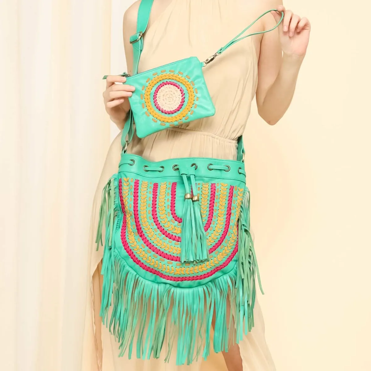 Boho Turquoise Woven Sling Bag, Free Wallet, Festival Bag, Leather Summer Bag