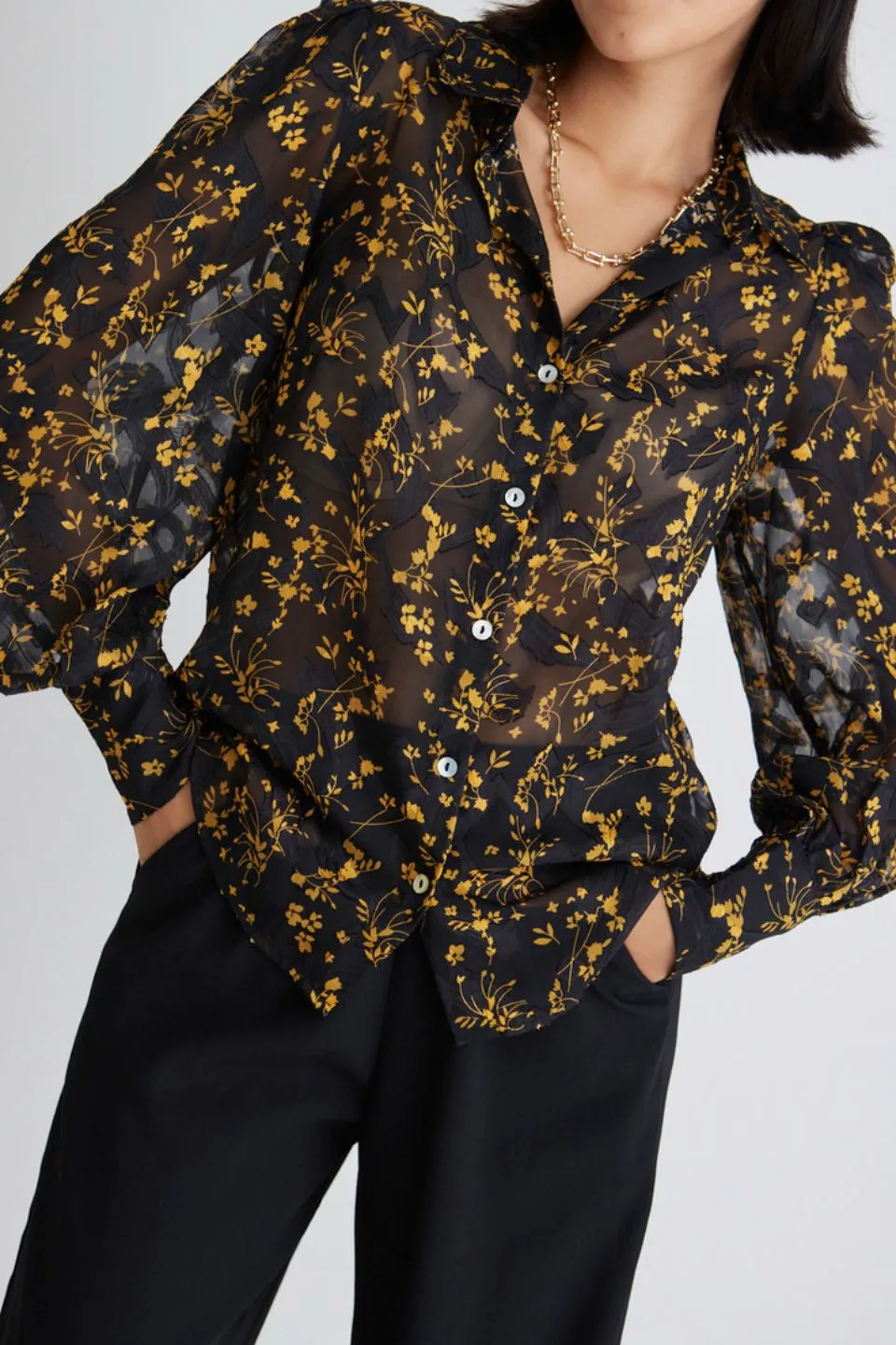 Champion Orange Floral Sheer Puff Sleeve Shirt