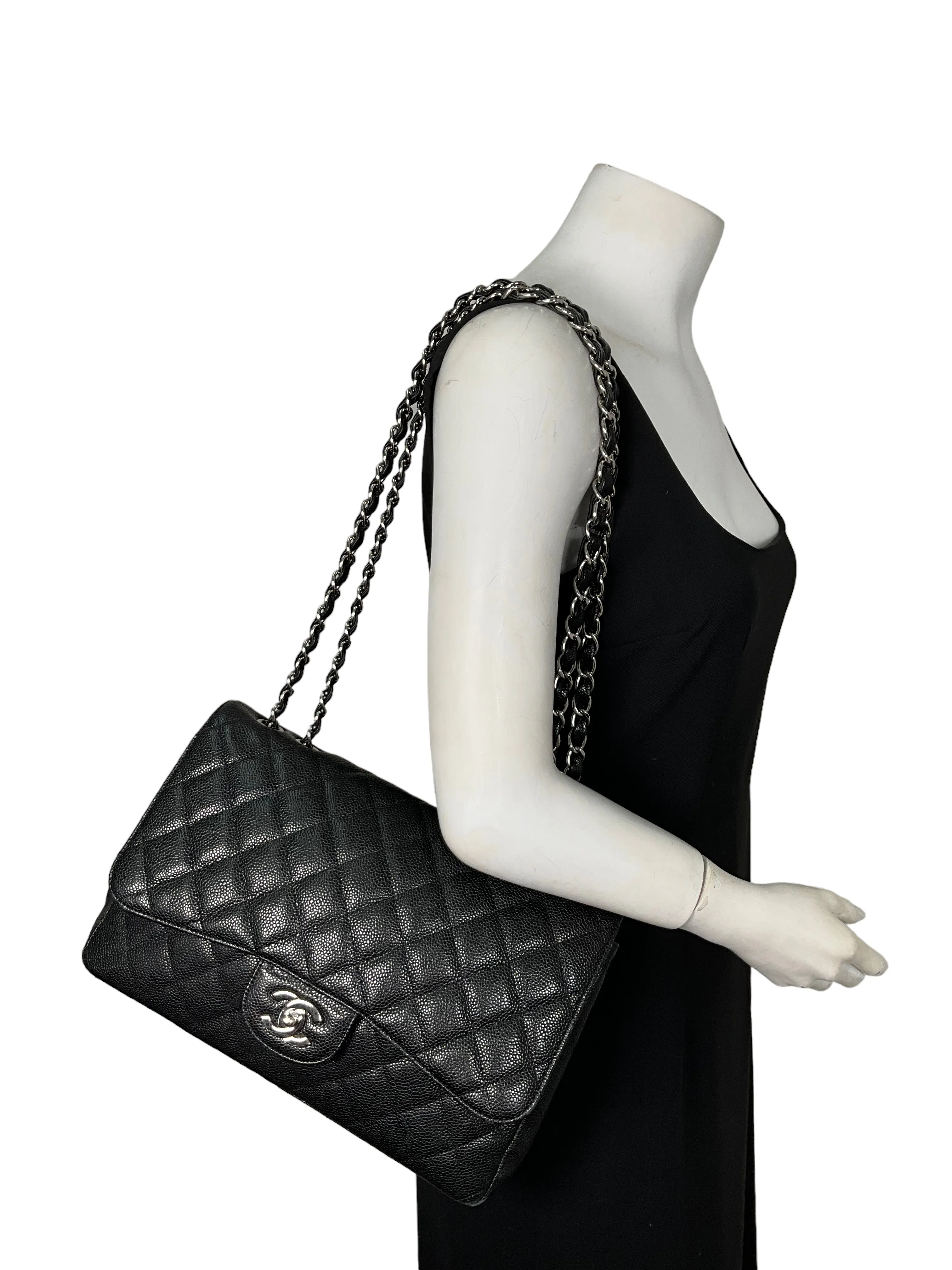 CHANEL Classic Double Chain Flap Bag In Black Caviar Leather