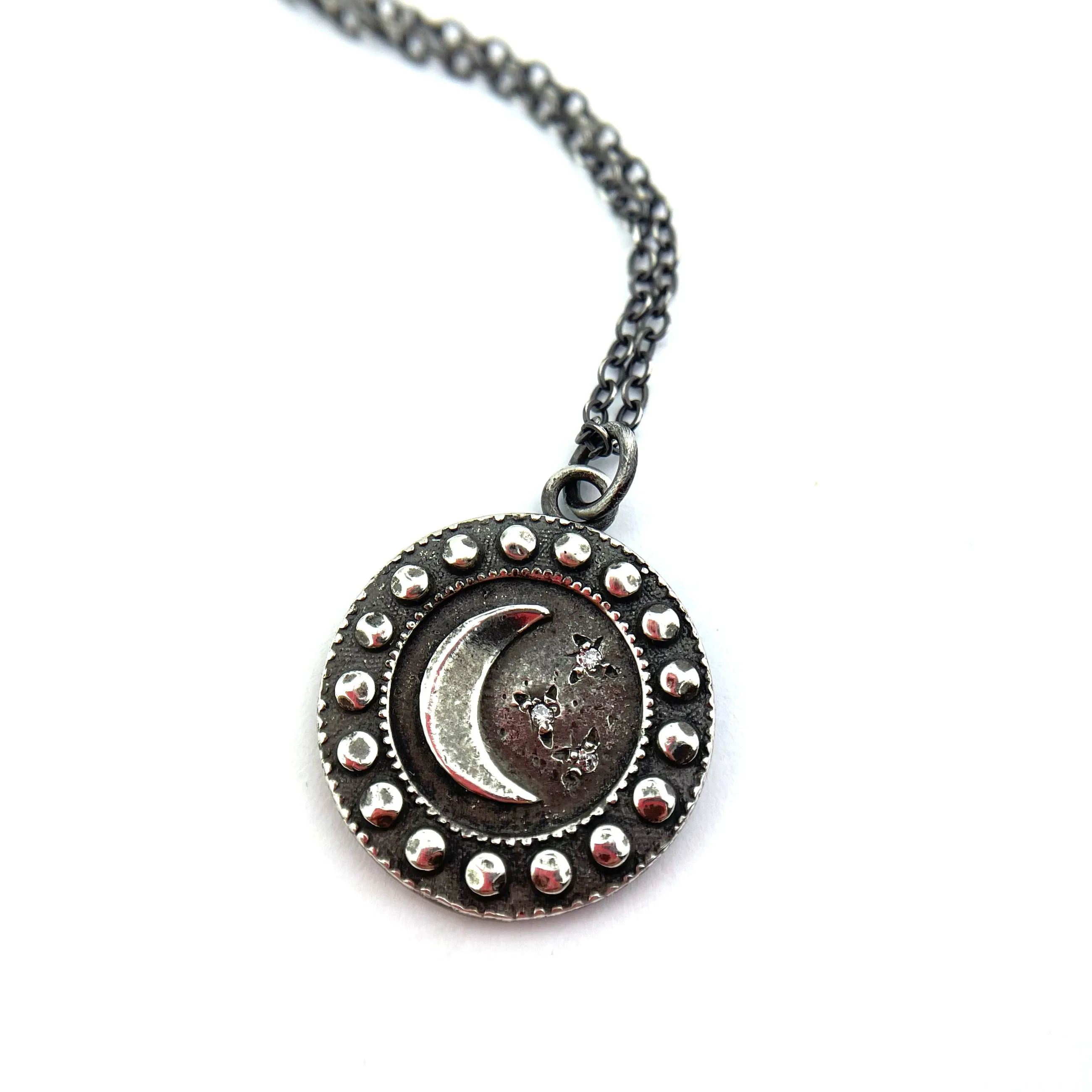 CRESCENT MOON Necklace with White Diamonds - SILVER