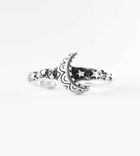 Crescent Moon With Stars Oxidized Toe or Midi Ring, Adjustable