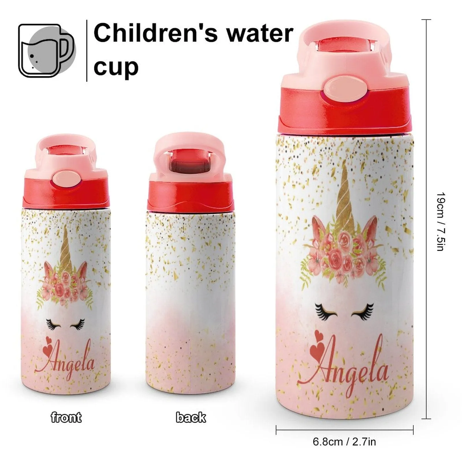 Custom Name Cute Horn Kids Water Bottle 12OZ Stainless Steel Personalized Drink Cup