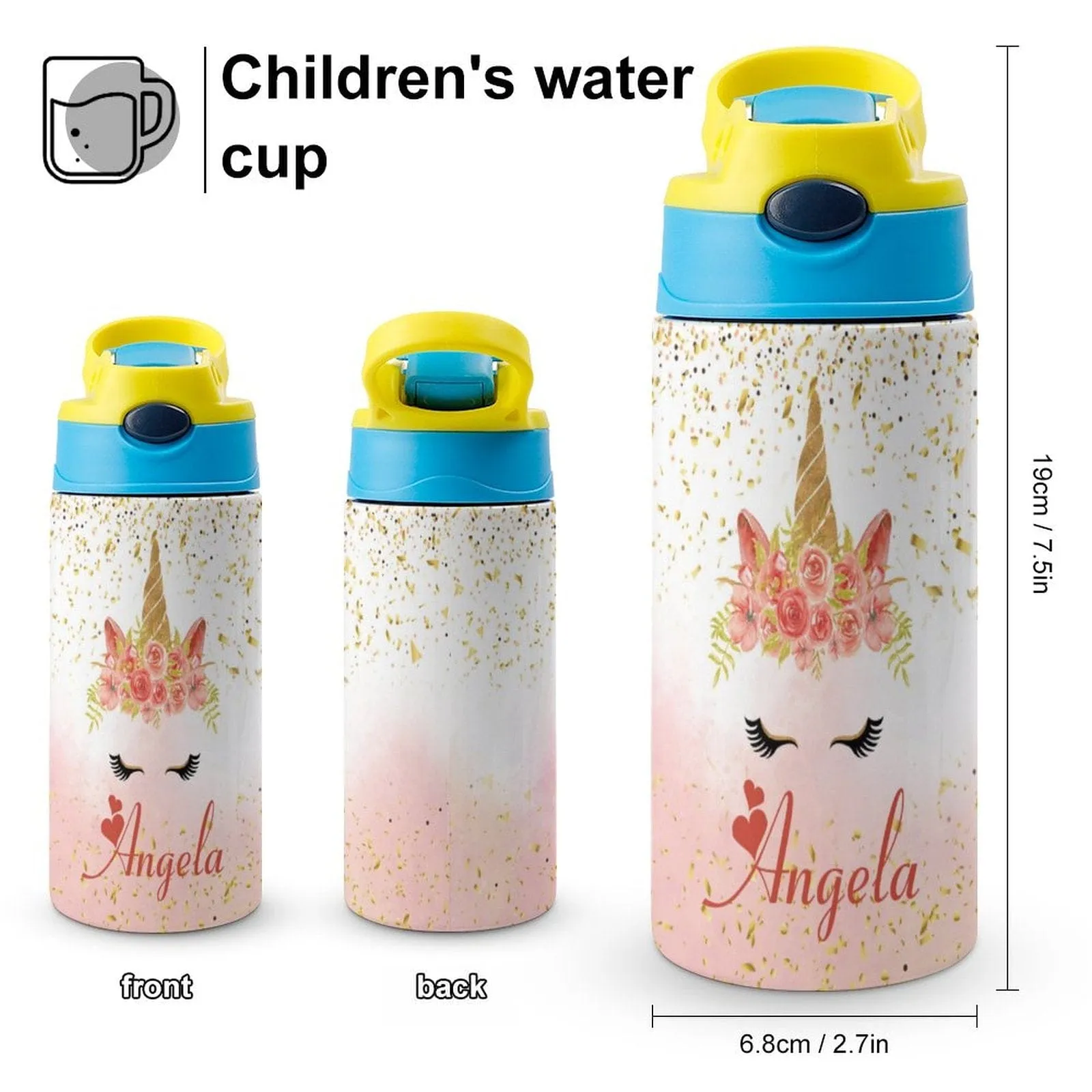 Custom Name Cute Horn Kids Water Bottle 12OZ Stainless Steel Personalized Drink Cup