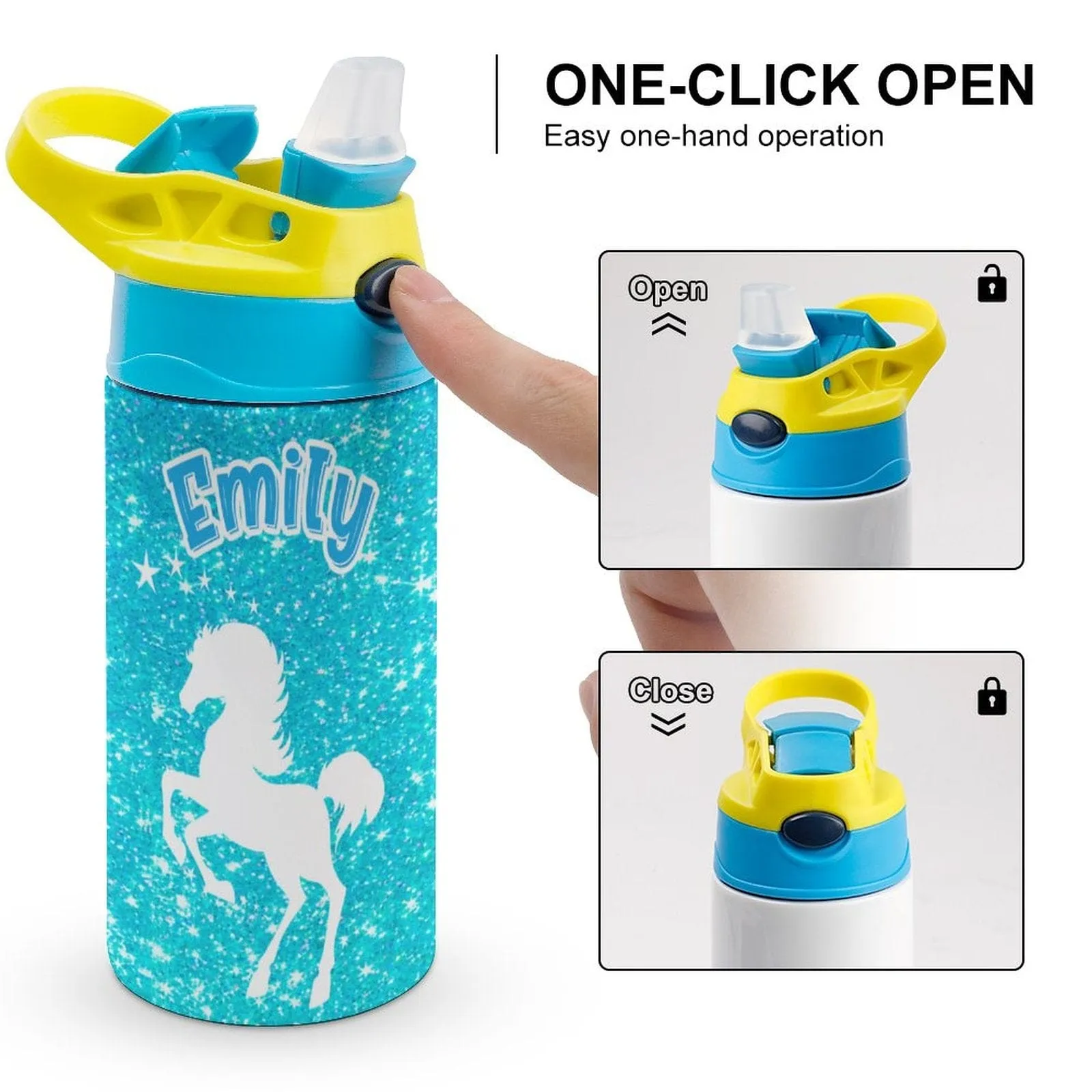 Custom Name Personalised Blue Horse Stainless Steel Kids Drink Bottles 500ml Water Bottle