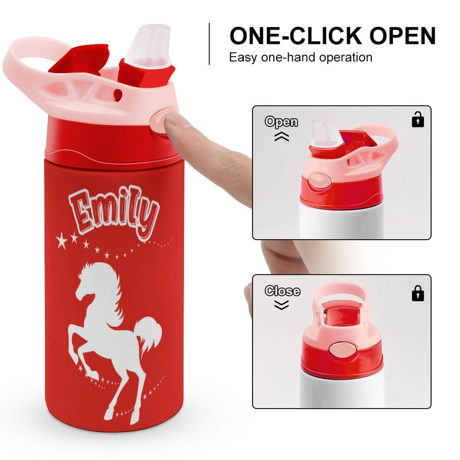 Custom Name Personalised Red Horse Stainless Steel Kids Drink Bottles 500ml Water Bottle