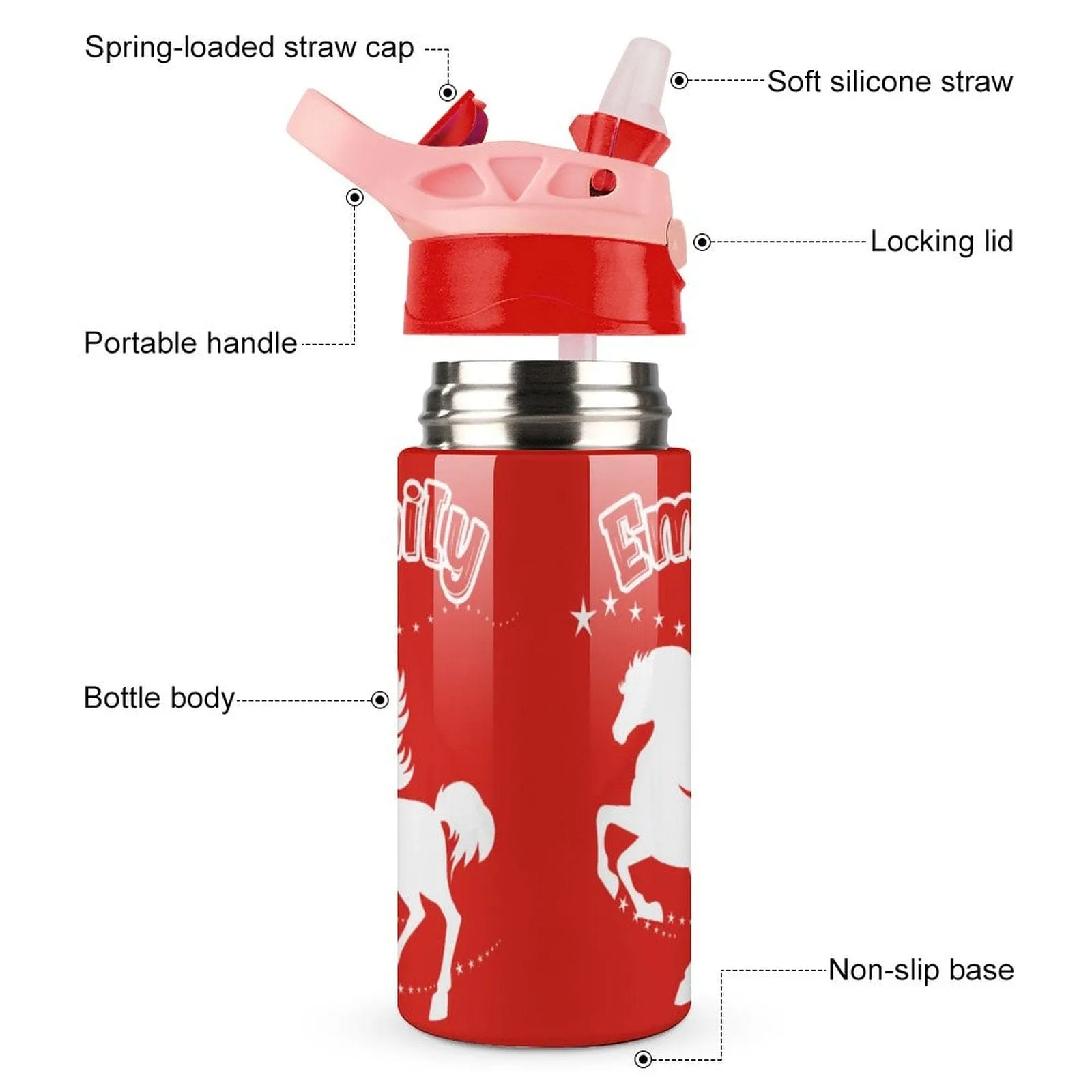 Custom Name Personalised Red Horse Stainless Steel Kids Drink Bottles 500ml Water Bottle