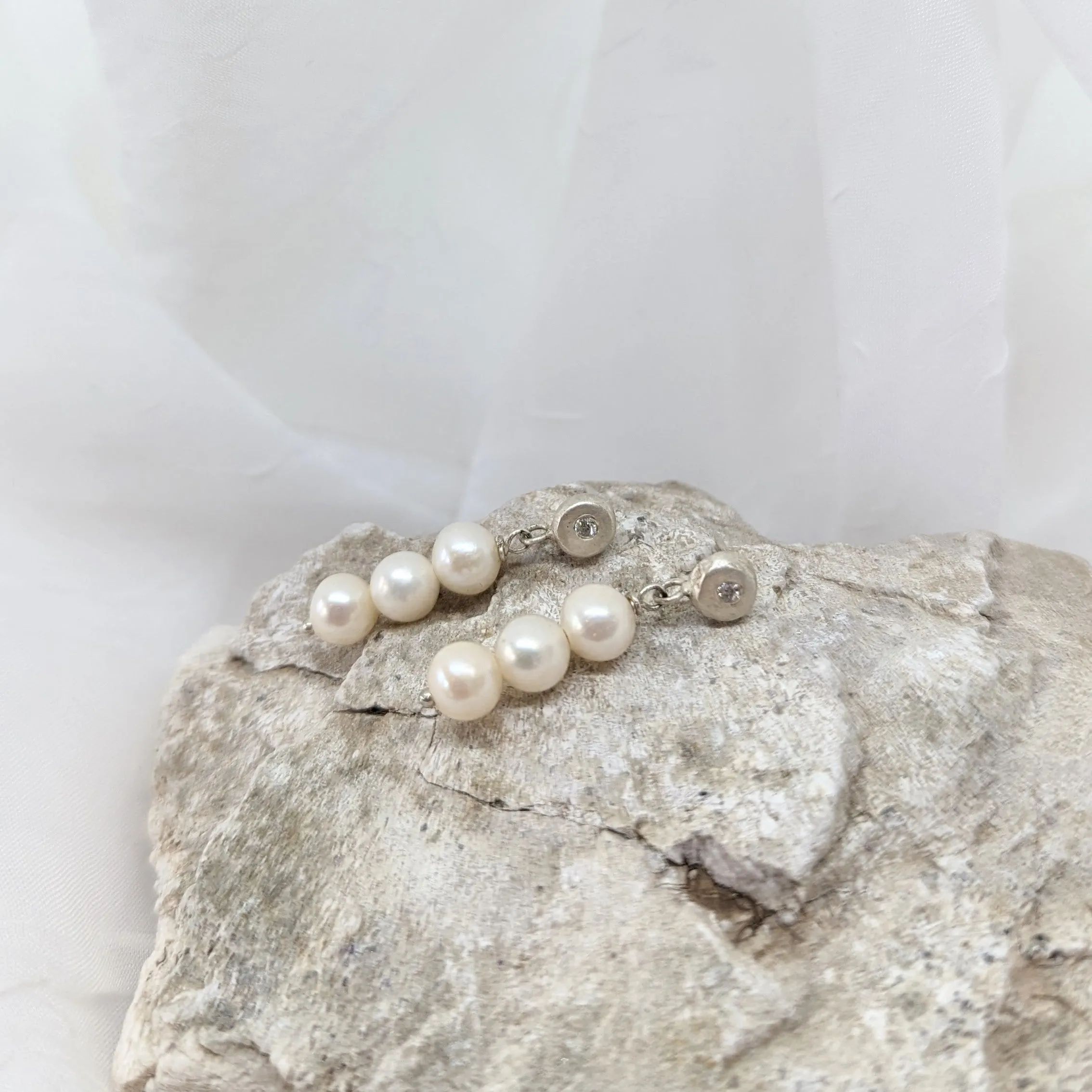 Dangling Pebble and Pearl Earrings