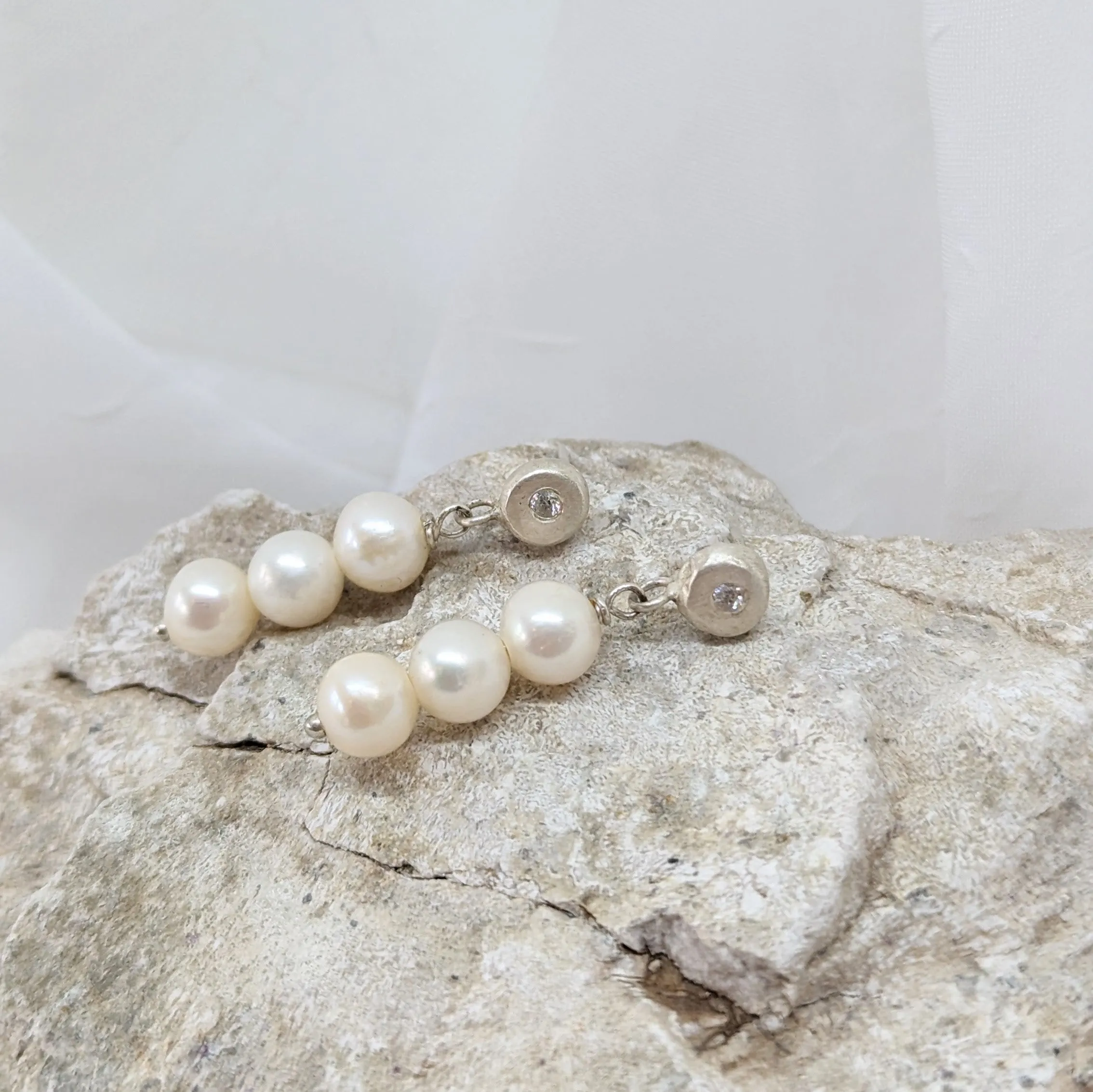 Dangling Pebble and Pearl Earrings