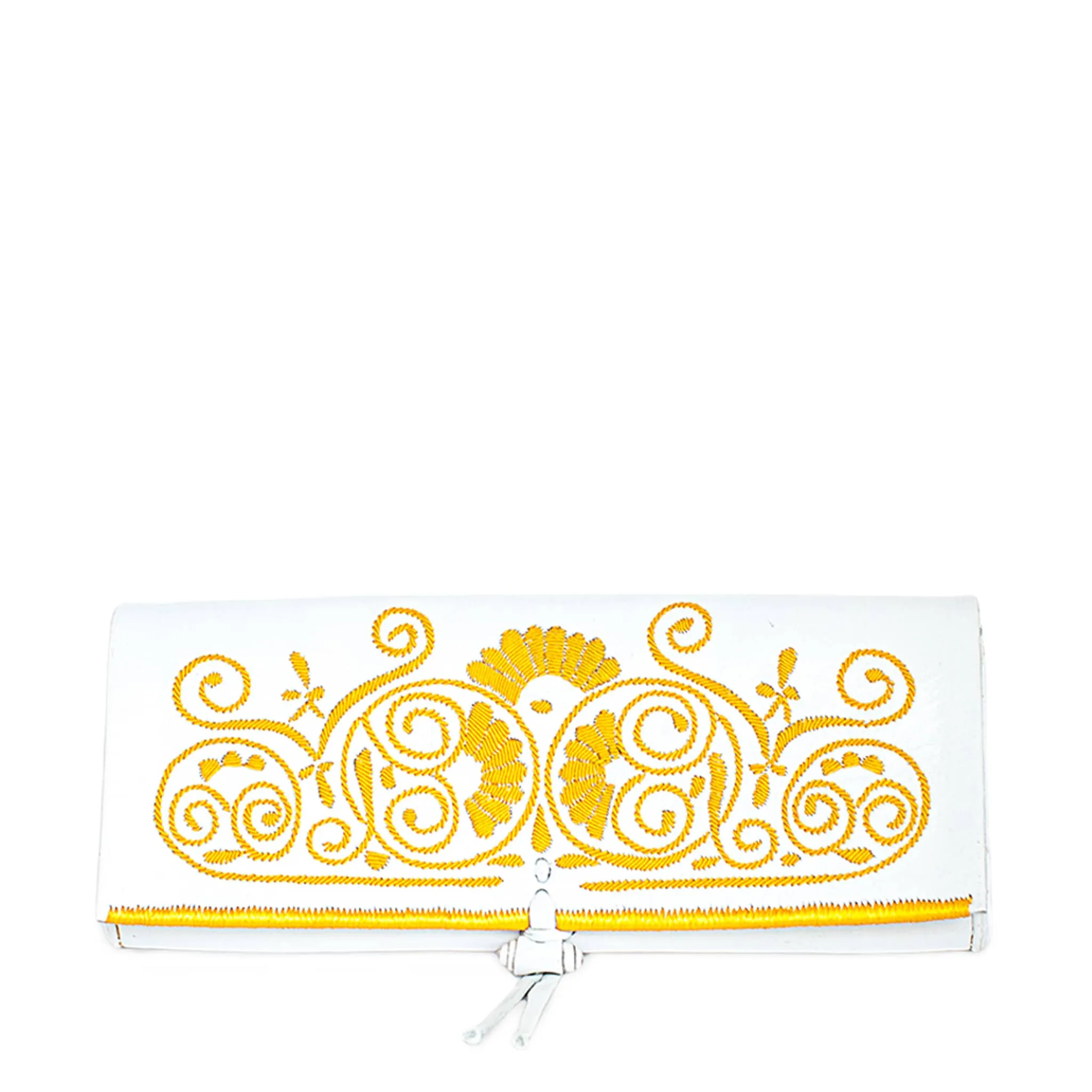 Embroidered Leather Clutch Bag in White, Yellow