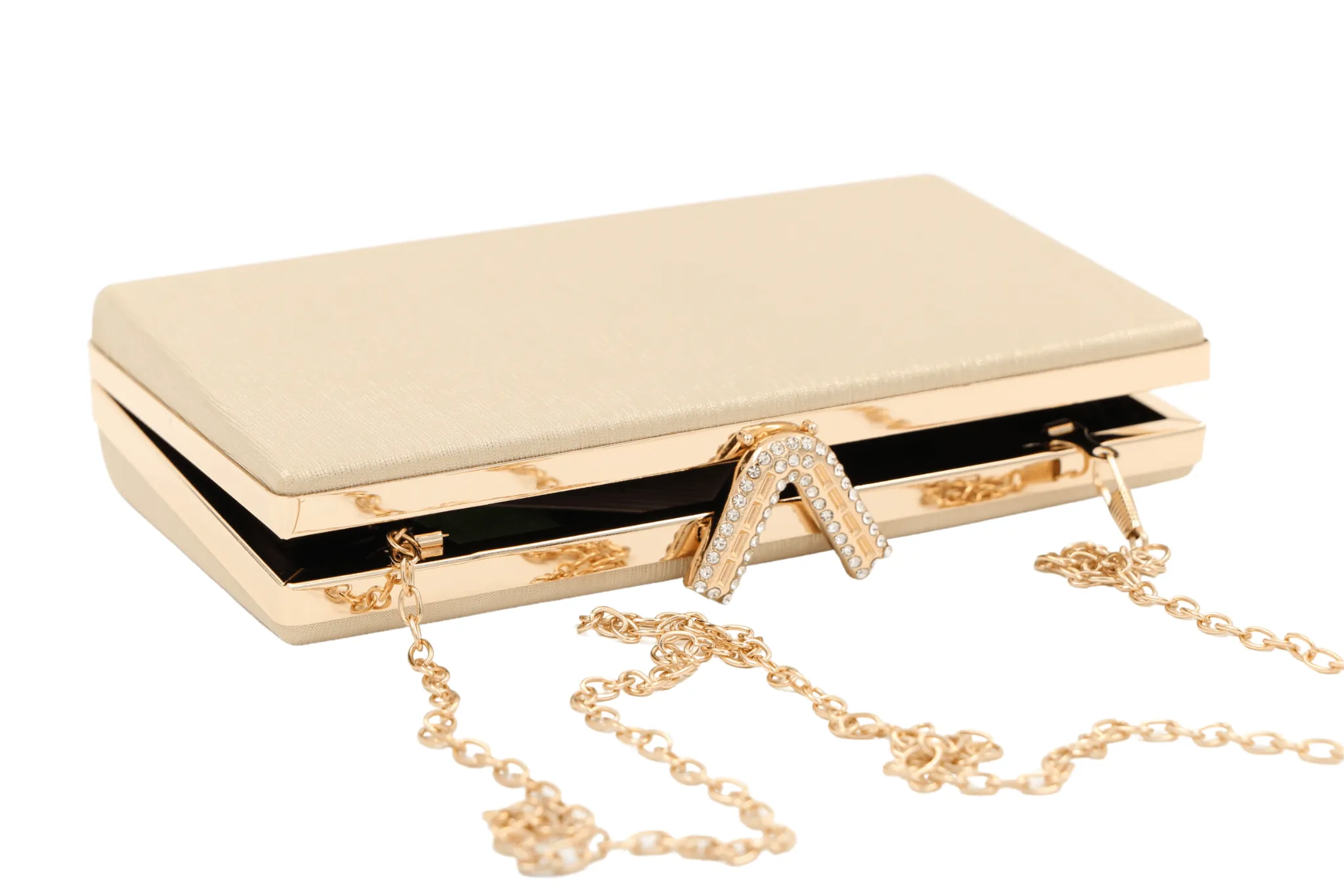 FABUCCI gold rectangle box clutch "v" clasp