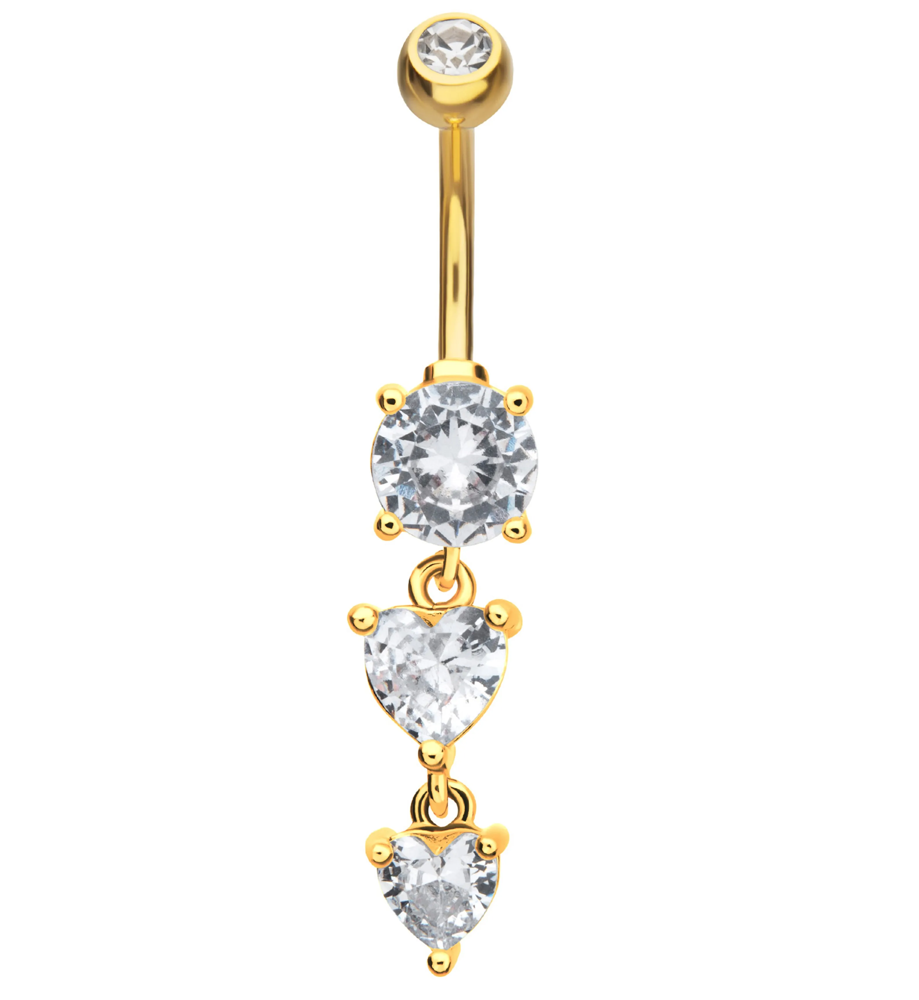 Gold PVD Double Heart Clear CZ Dangle Stainless Steel Belly Button Ring