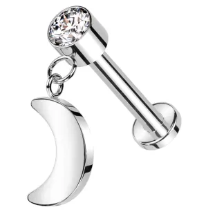 Half Moon Dangle Clear CZ Titanium Internally Threaded Labret