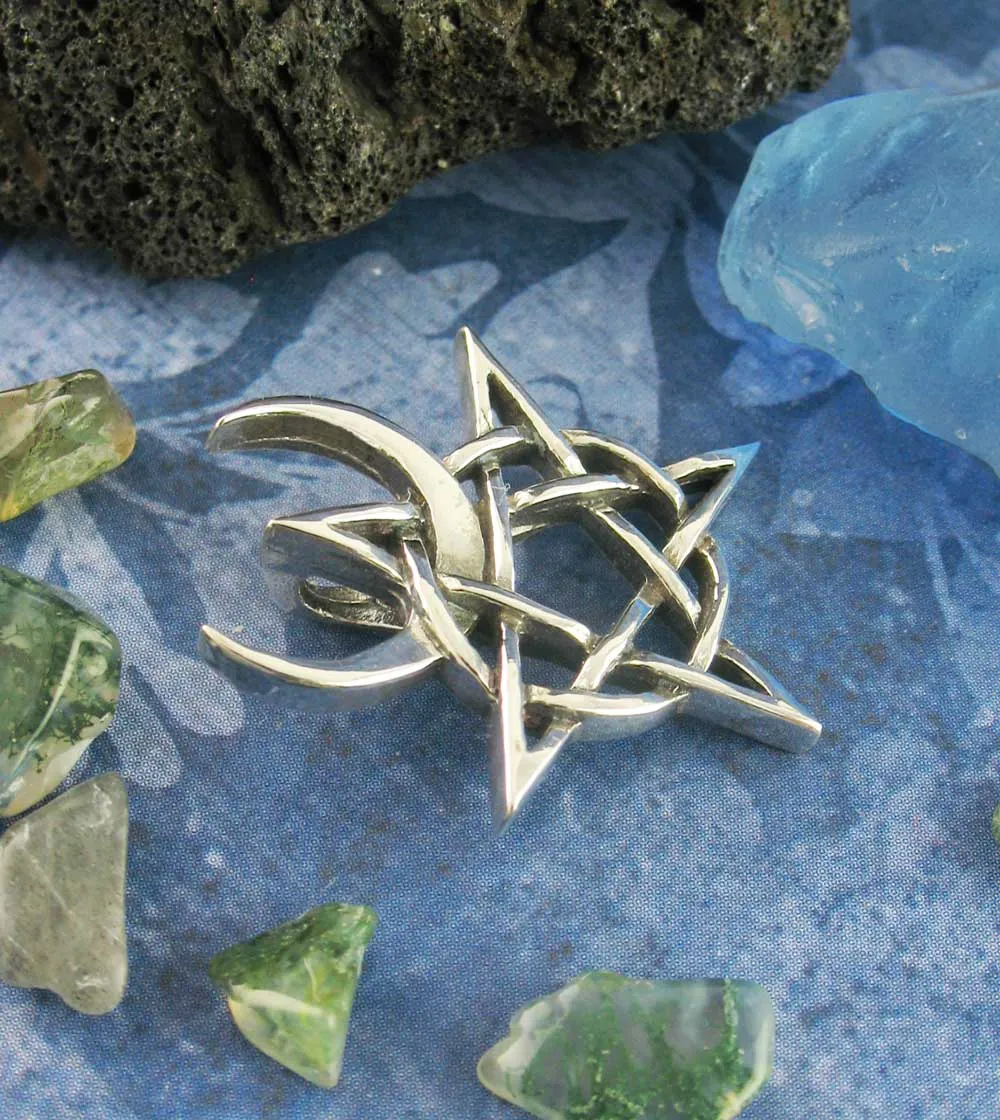 Horned God Crescent Moon Pentacle Pendant, Handmade