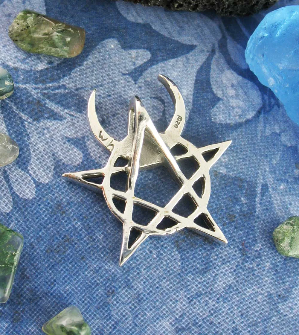 Horned God Crescent Moon Pentacle Pendant, Handmade