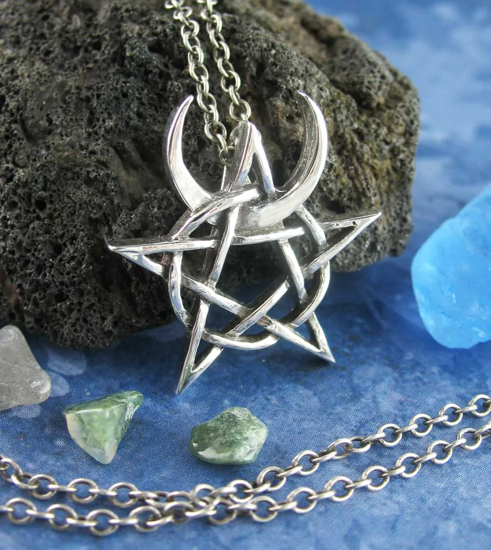 Horned God Crescent Moon Pentacle Pendant, Handmade