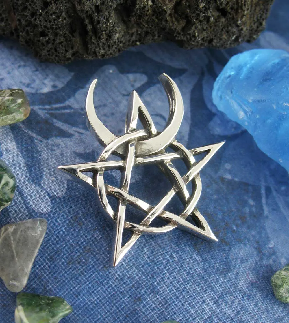 Horned God Crescent Moon Pentacle Pendant, Handmade