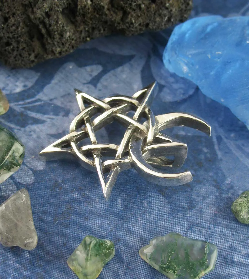 Horned God Crescent Moon Pentacle Pendant, Handmade