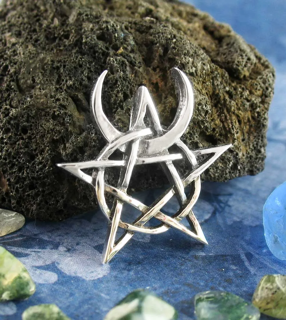 Horned God Crescent Moon Pentacle Pendant, Handmade