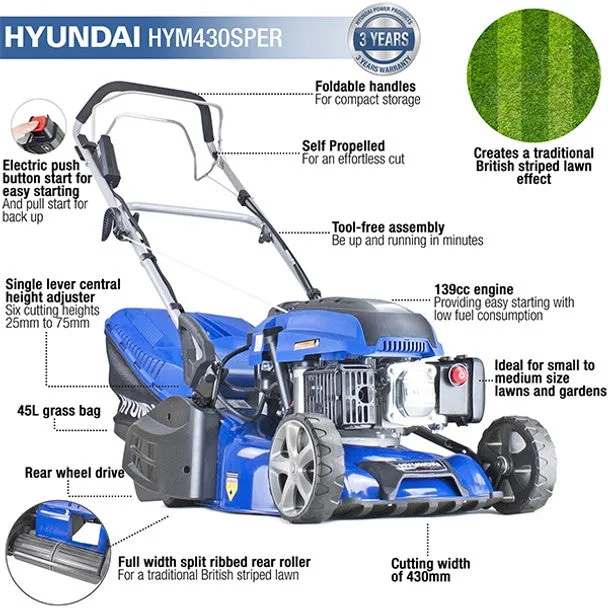 Hyundai HYM430SPER 139cc Petrol Roller Lawn mower 17"/43cm