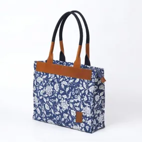 Indigo print cotton and leather tote bag, large tote, shoulder bag