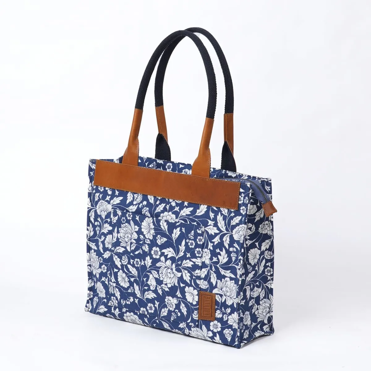 Indigo print cotton and leather tote bag, large tote, shoulder bag