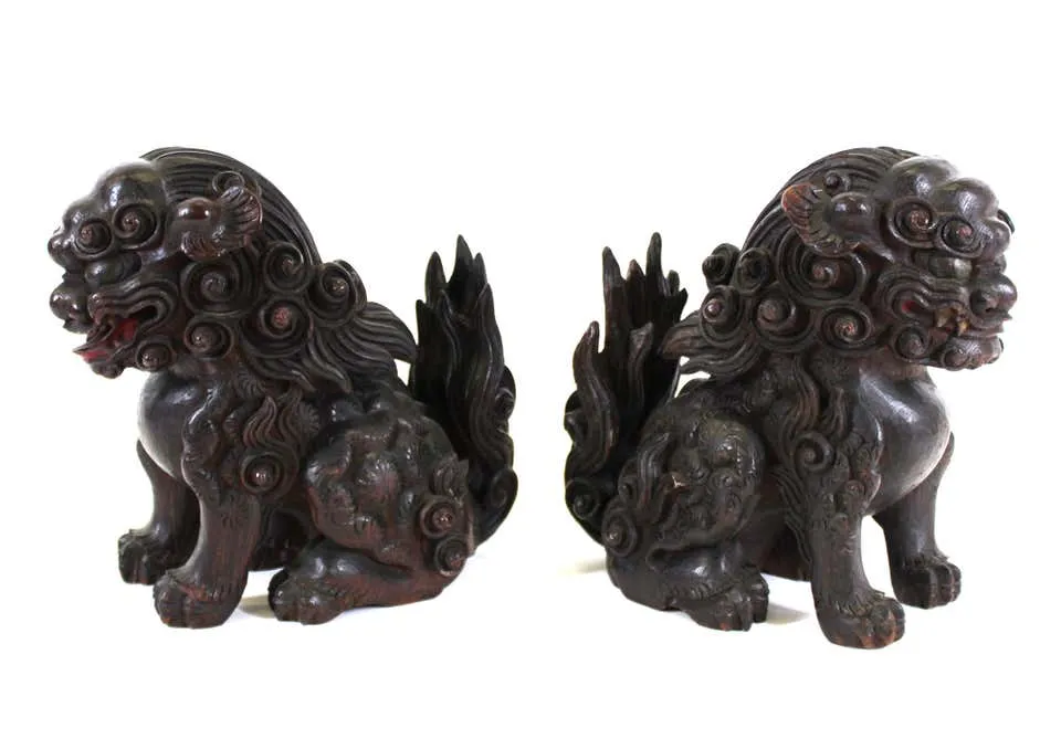 Japanese Edo Carved Wood Foo Dogs