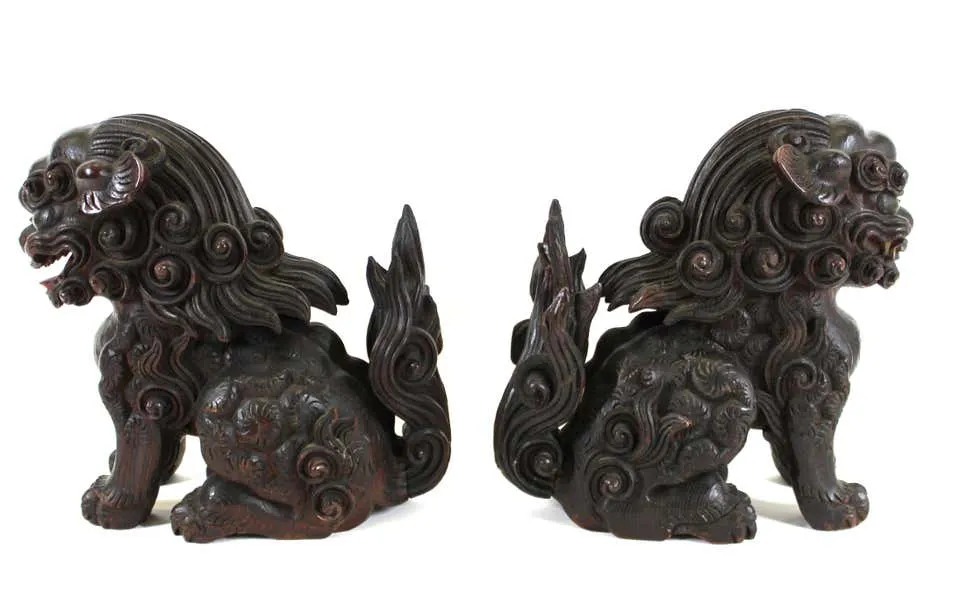 Japanese Edo Carved Wood Foo Dogs