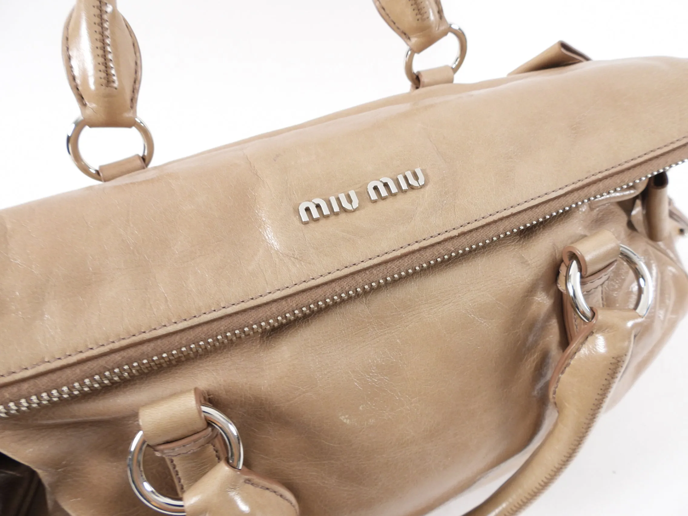 Miu Miu Beige Vitello Lux Bow Two Way Tote Bag