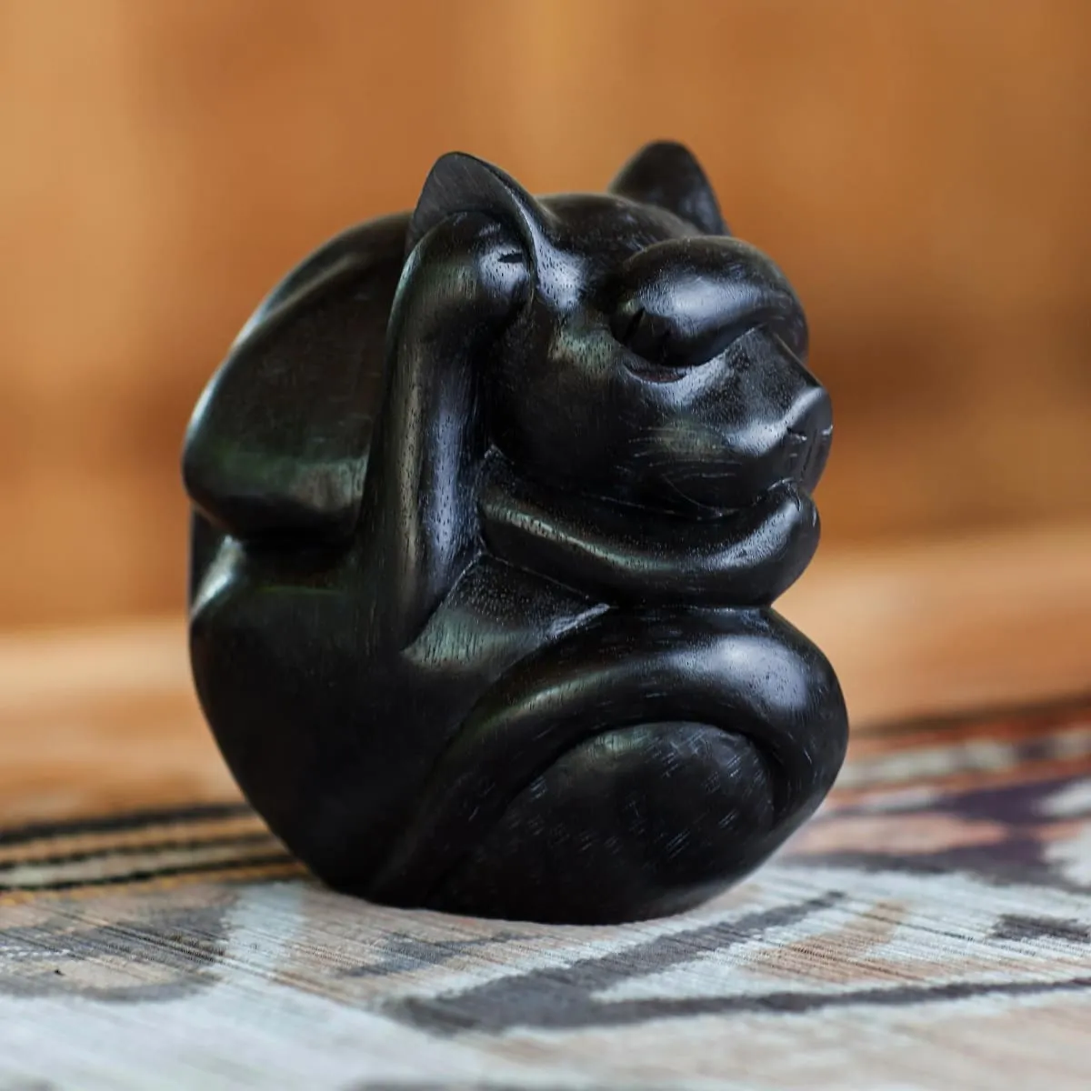 Novica Black Yogi Cat Wood Sculpture