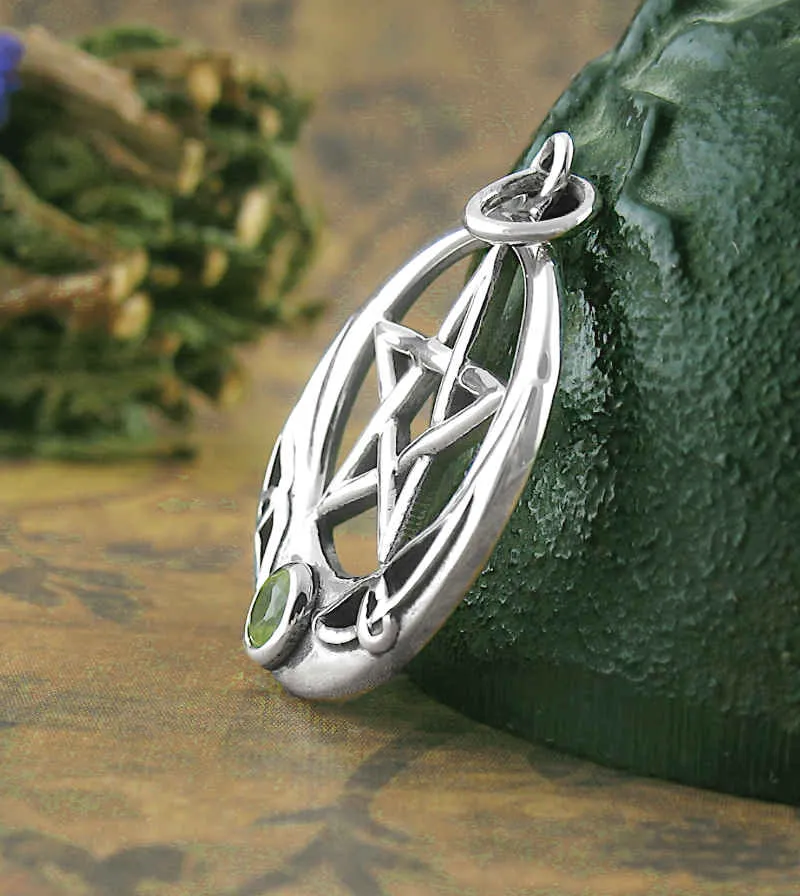 Pentacle with Upturned Crescent Moon & Green Glass Pendant