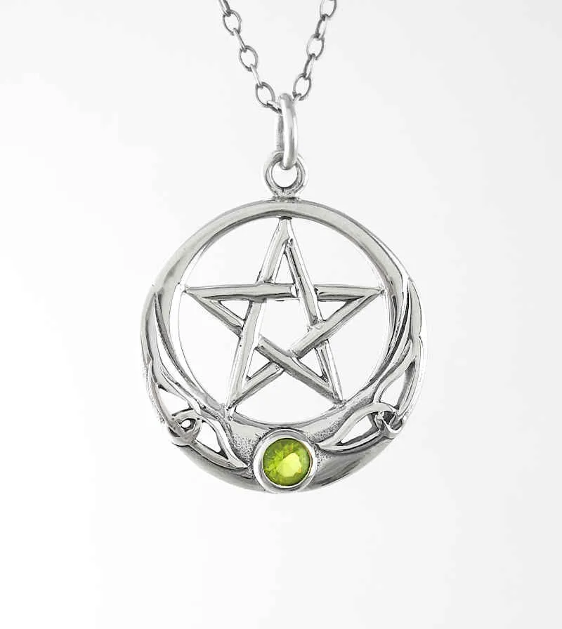 Pentacle with Upturned Crescent Moon & Green Glass Pendant